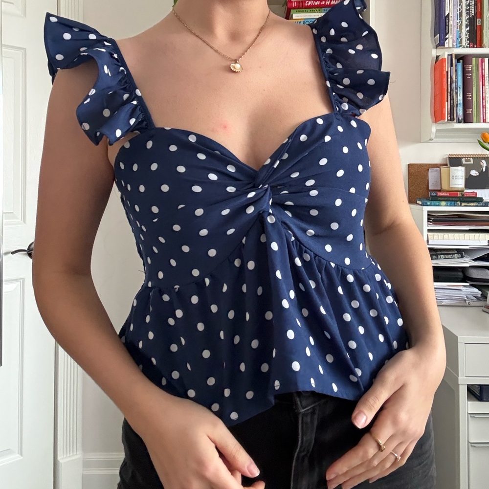 SHEIN Navy Polka Dot Ruffle Peplum Top – XS